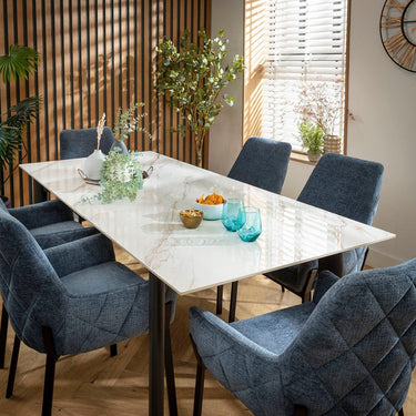 Quatropi Cora & Cain 6 Seater Extendable Dining Set Blue Chenille & White Ceramic