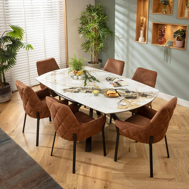 Quatropi Cora & Rudie 6 Seater Round Extendable Dining Set Brown & White Ceramic