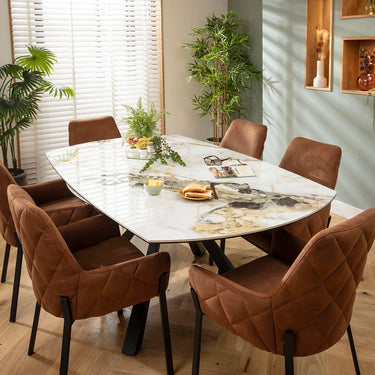 Quatropi Cora & Rudie 6 Seater Round Extendable Dining Set Brown & White Ceramic