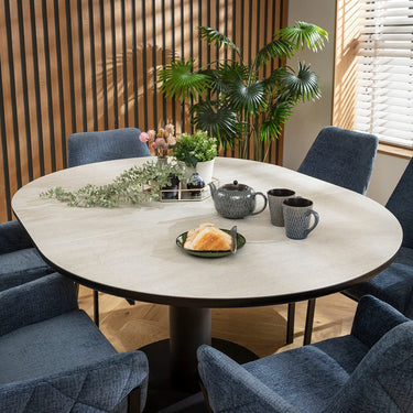 Quatropi Cora & Venus 6 Seater Round Extendable Dining Set Blue Chenille & Light Grey Ceramic
