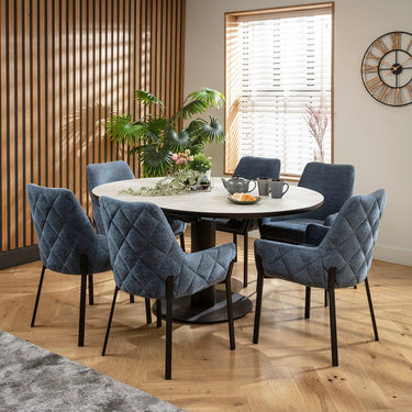 Quatropi Cora & Venus 6 Seater Round Extendable Dining Set Blue Chenille & Light Grey Ceramic