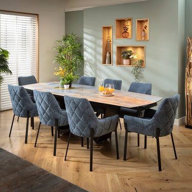 Quatropi Cora & Zelda 8 Seater Extendable Dining Set Blue Chenille & Rustic Blue Ceramic