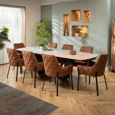 Quatropi Cora & Zelda 8 Seater Extendable Dining Set Brown & Rustic Blue Ceramic