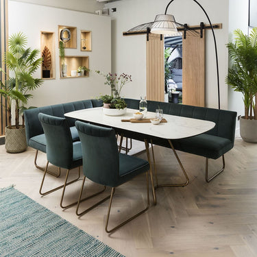 Quatropi Corner Bench Dining Set 8 Seater Ceramic Extending Teal Velvet White