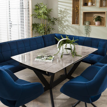 Quatropi Corner Bench Dining Set Left-Hand Ceramic Extending Table 8 Seat Blue