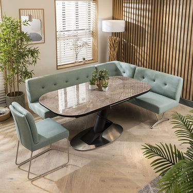 Quatropi Corner Dining Set Extending Ceramic 6 Seater Table Faux Suede Green
