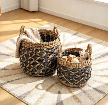 Quatropi Cotswold Set of 3 Round Grey Wicker Baskets with Rope Handles