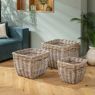 Quatropi Cotswold Set of 3 Square Grey Wicker Baskets with Rope Handles