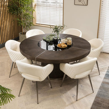 Quatropi Dark Wood 6 Seater Round Dining Set Lazy Susan White Leather 160cm