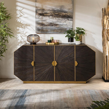 Quatropi Designer 4-Door Sideboard Buffet Retro Reclaimed Wood Gold Handles 180cm