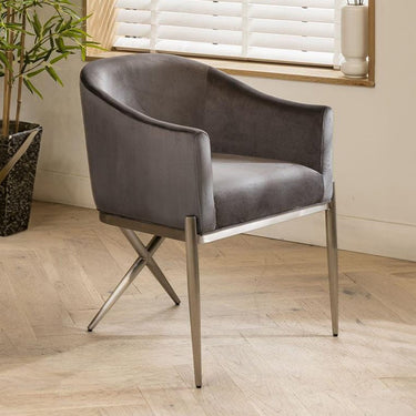Quatropi Designer Grey Velvet Kitchen Dining Room Chair with Arms Metal Legs
