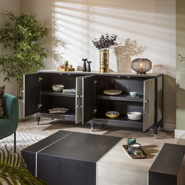 Quatropi Designer Large 4 Door Sideboard Buffet Cabinet Shagreen Black Oak 193cm