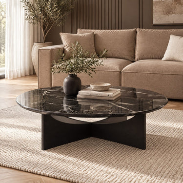 Quatropi Designer Large Round Marble Coffee Table Black 120cm