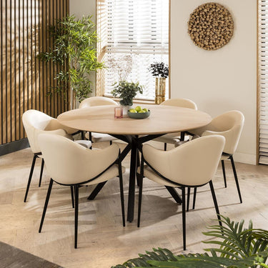 Quatropi Designer Natural Solid Round Wood 6 Chair Seater Dining Set Cream 140cm
