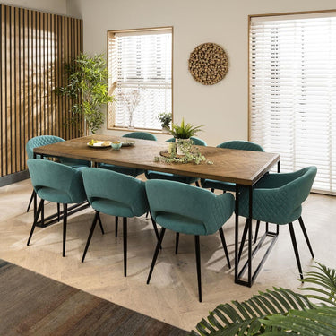 Quatropi Designer Parquet 8 Seater Dining Set Mordern Teal Velvet Chairs 220cm