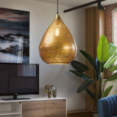 Quatropi Elegant Antique Brass Gold Light Pendant Teardrop Pressed Steel 330mm