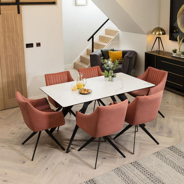 Quatropi Elegant White Marble-Look Table & Pink Chairs - 8 Seater Ceramic Dining Set