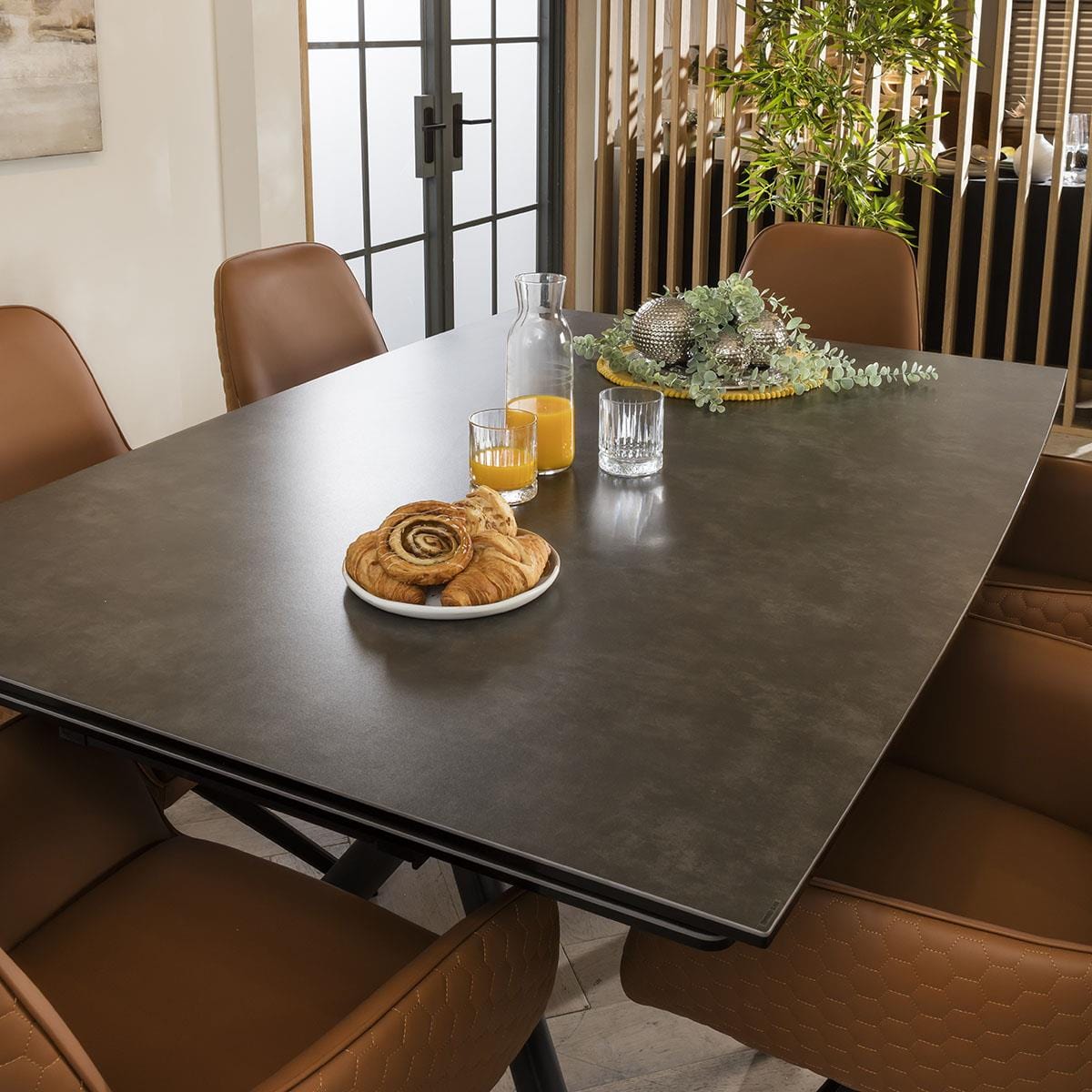 Quatropi Emma Wide 6 Seat Extending Ceramic Dining Set Grey & Tan Leather