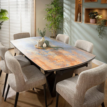 Quatropi Evie & Zelda 6 Seater Extendable Dining Set Brown & Rustic Blue Ceramic