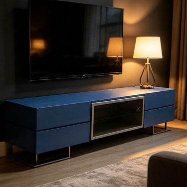 Quatropi ExDisplay Maddison TV Cabinet Stand Matt Blue Silver Interior 2200 mm