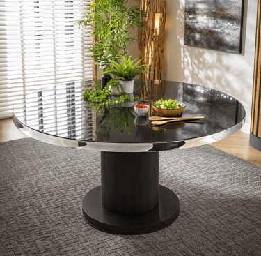 Quatropi ExDisplay Moon Round Glass 6 Seater Dining Table Black Oak 150cm