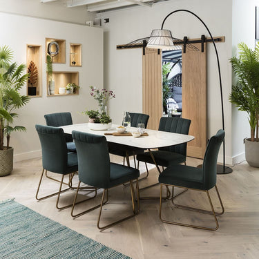 Quatropi Extendable Ceramic Marble Dining Table and Teal Vevet Chair Set 6 Seater