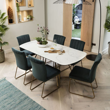 Quatropi Extendable Ceramic Marble Dining Table and Teal Vevet Chair Set 6 Seater