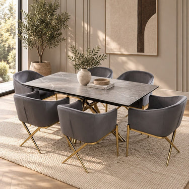 Quatropi Extendable Dining Table + 6 Chairs Dining Set Grey Ceramic Velvet