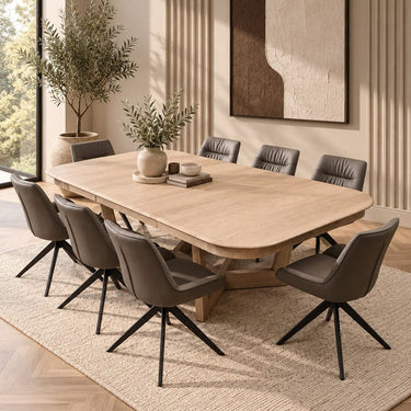Quatropi Extendable Dining Table + 8 Chairs Grey Leather Natural Wooden Dining Set