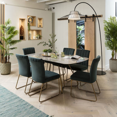 Quatropi Extending Ceramic Marble 6 Seat Table and Chair Dining Set Teal Vevet