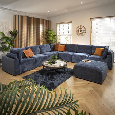 Quatropi Extra Large 8 Seat Modular L-Shape Corner Sofa & Footstool Blue