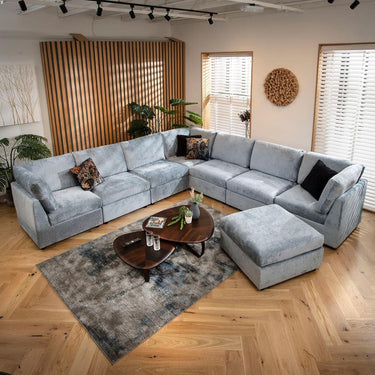 Quatropi Extra Large 8 Seat Modular L-Shape Corner Sofa & Footstool Blue
