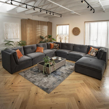 Quatropi Extra Large 8 Seat Modular L-Shape Corner Sofa & Footstool Grey Velvet