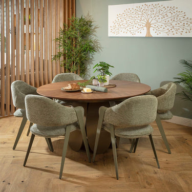 Quatropi Freya & Phoenix Modern 6 Seater Round Dining Set Green & Walnut