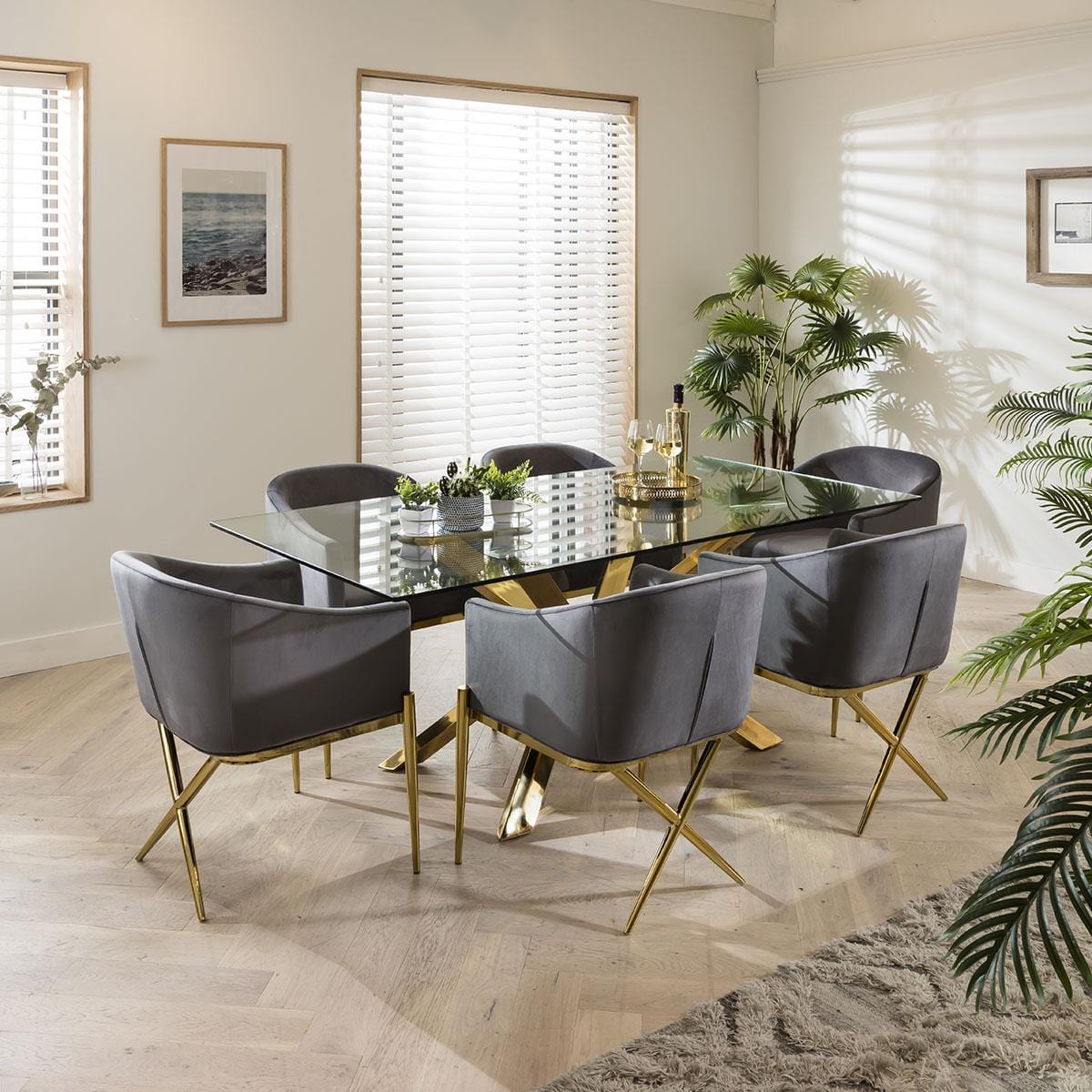Quatropi Gold Pedestal Glass Table & Grey Velvet Chairs - 6 Seater Dining Set