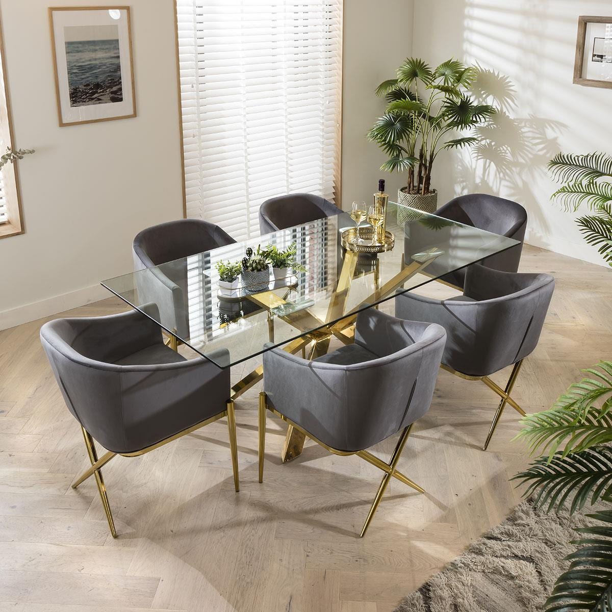 Quatropi Gold Pedestal Glass Table & Grey Velvet Chairs - 6 Seater Dining Set