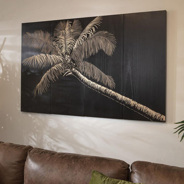 Quatropi Hand-Carved Palm Tree 4-Piece Panel Wall Artwork Black 160x100cm