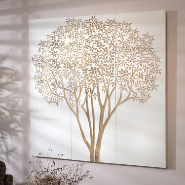 Quatropi Hand-Carved Tree 3-Piece Panel Wall Artwork White & Wood 120x120cm