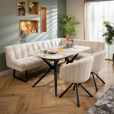 Quatropi Harvey & Conor 7 Seater Extendable Corner Bench Dining Set White Fabric & Ceramic L2