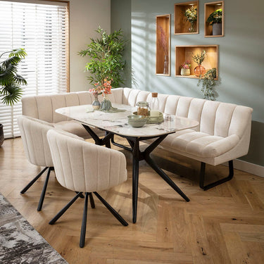 Quatropi Harvey & Conor 7 Seater Extendable Corner Bench Dining Set White Fabric & Ceramic R2