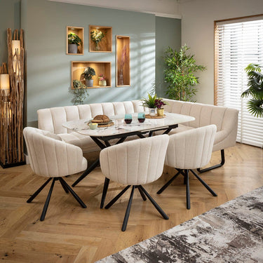 Quatropi Harvey & Conor 8 Seater Extendable Corner Bench Dining Set White Fabric & Ceramic L3