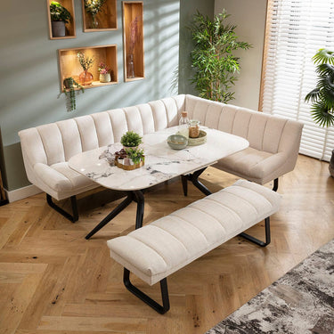 Quatropi Harvey & Conor 8 Seater Extendable Corner Bench Dining Set White Fabric & Ceramic LBB