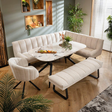 Quatropi Harvey & Conor 9 Seater Extendable Corner Bench Dining Set White Fabric & Ceramic LBB1