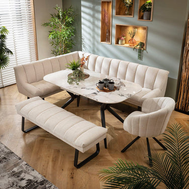 Quatropi Harvey & Conor 9 Seater Extendable Corner Bench Dining Set White Fabric & Ceramic RBB1