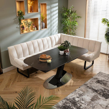 Quatropi Harvey & Vertex 5 Seater Extendable Corner Bench Dining Set Stone & Black Ceramic LT