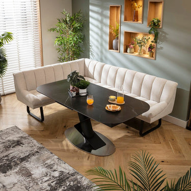 Quatropi Harvey & Vertex 5 Seater Extendable Corner Bench Dining Set Stone & Black Ceramic RT