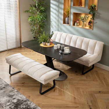 Quatropi Harvey & Vertex 6 Seater Extendable Bench Dining Set Stone & Black Ceramic XBT
