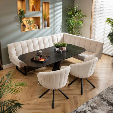 Quatropi Harvey & Vertex 7 Seater Extendable Corner Bench Dining Set Stone & Black Ceramic L2