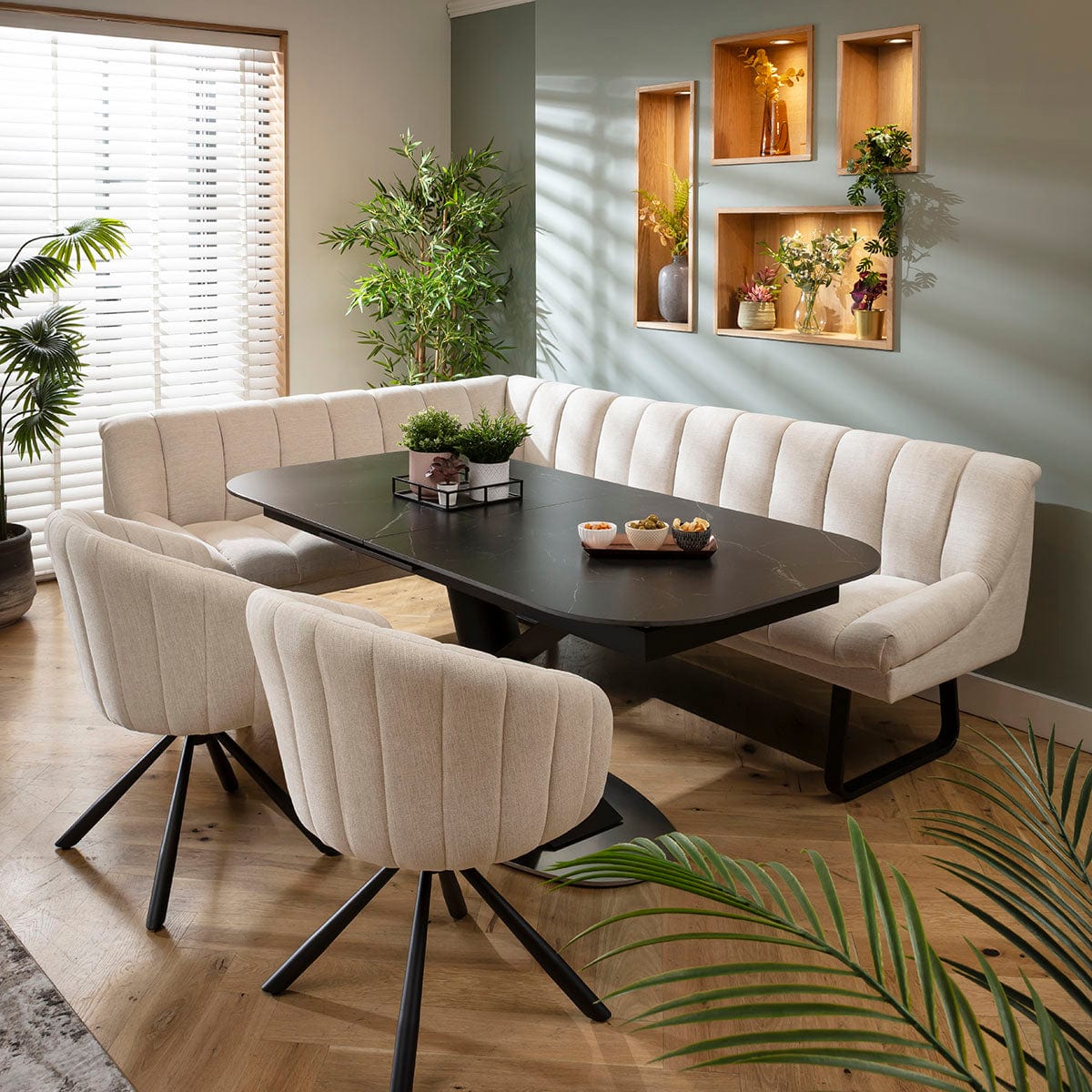 Modern 7 Seater Extendable Corner Bench Dining Set Stone & Black ...