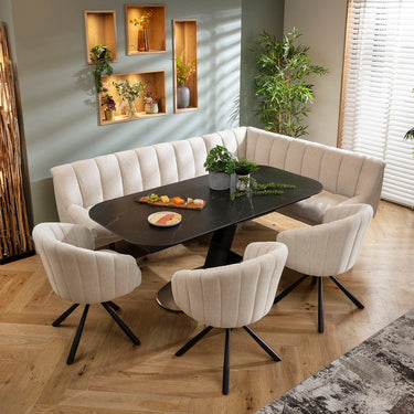 Quatropi Harvey & Vertex 8 Seater Extendable Corner Bench Dining Set Stone & Black Ceramic L3